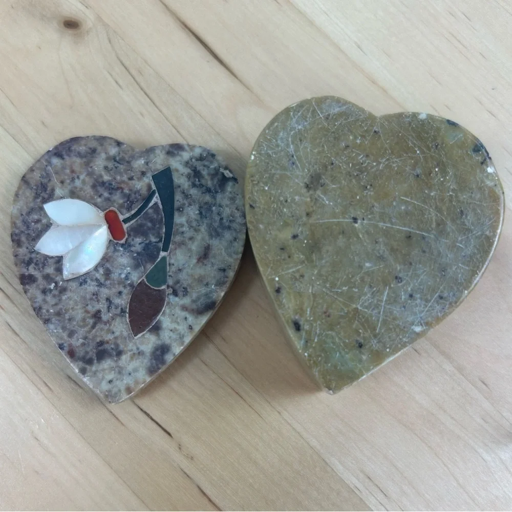 Vintage Soapstone Heart Mother-of-Pearl Abalone Inlay Heart Trinket Jewel Holder